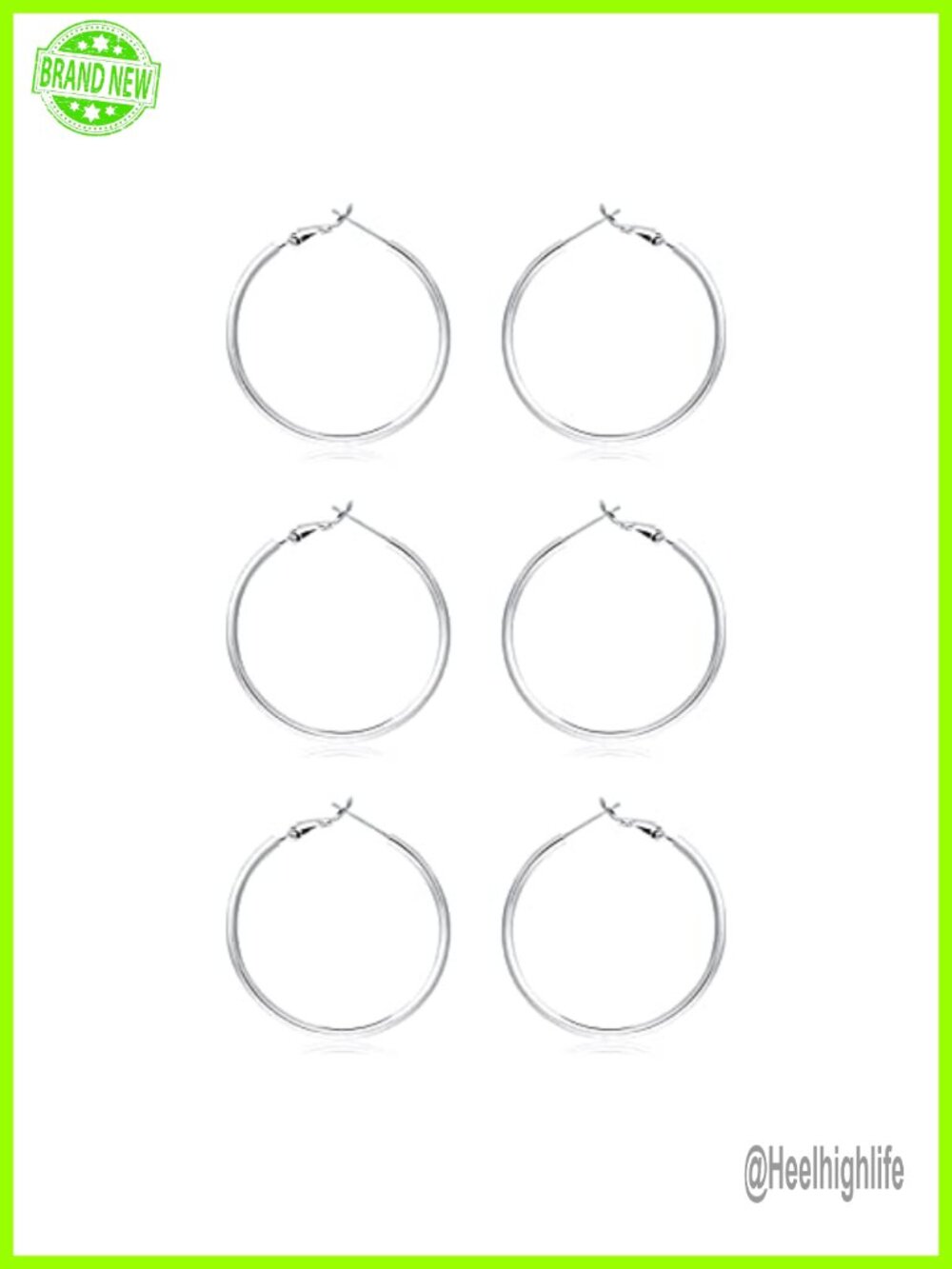 3 Pairs Sterling Silver Hoop Earrings White Gold Plated 40 50 60MM